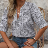 All-over Printed Notched V-neck Shirt