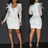 African Dresses 2024 Spring Hot Diamond See-through Mesh V-Neck Feather Club Dress