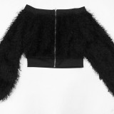 Fashion Off Shoulder Long Sleeve Furry Cropped Top & Trousers