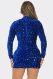 2024 Solid Sequins O-neck Long Sleeve Sexy Celebrity Party Mini Dress