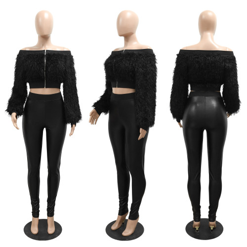 Fashion Off Shoulder Long Sleeve Furry Cropped Top & Trousers