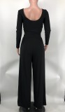 Solid 2 Piece Pant Suits Women Full Sleeve Crop Tops + High Waist Wide Leg Trousers