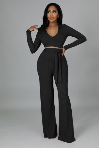 Casual Thicken 2 Piece Outfits Long Sleeve Pit Crop Top Wide Leg Pants Set
