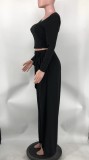 Solid 2 Piece Pant Suits Women Full Sleeve Crop Tops + High Waist Wide Leg Trousers