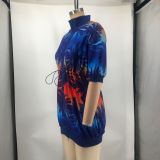 Women's Jacket Baseball Uniform Long Sleeve Stand Collar Gradient Printing Sweatshirt Dresses