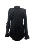 Women's Stretch Solid Sequin Loose Long Sleeve Micro Flare Shirt Dress