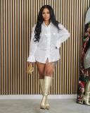 Women's Stretch Solid Sequin Loose Long Sleeve Micro Flare Shirt Dress