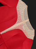 Solid Color Beaded Round Neck See-through Shoulder Elegant Dress