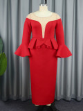 Solid Color Beaded Round Neck See-through Shoulder Elegant Dress