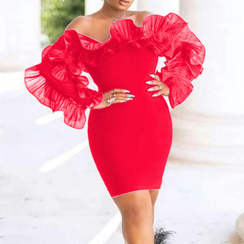 2024 Summer Off Shoulder Exaggerated Ruffle Ruched Mesh Bodycon Dress