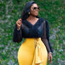 Sexy See Through Long Sleeve V Neck Mesh Patchwork Tops
