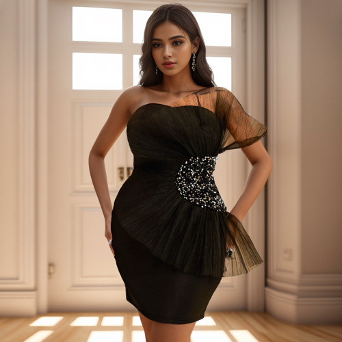 Solid Mesh Splicing Sequin Embellished Waist Bodycon Dress