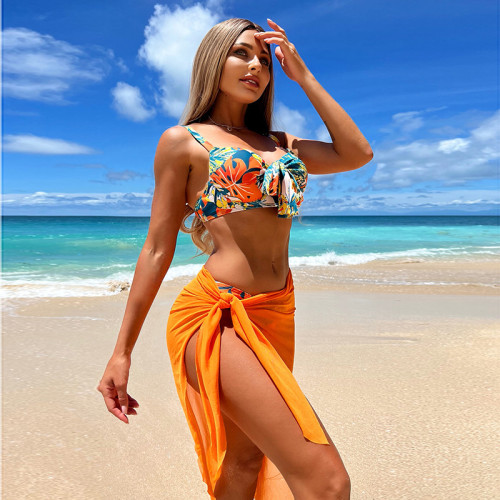 3pcs Tropical Print Push Up Bikini Swimsuit With Beach Skirt