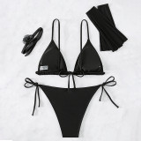 4 Pieces/Set Plain Halter Triangle Bikini Swimsuit With Sleeve