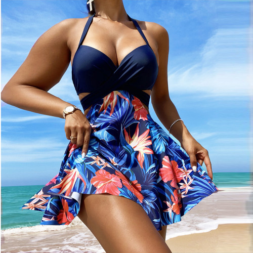 Tropical Print Tankini Set Wrap Cross Push Up Swim Dress & Hipster Bottom 2 Piece Bathing Suit