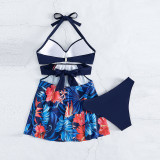 Tropical Print Tankini Set Wrap Cross Push Up Swim Dress & Hipster Bottom 2 Piece Bathing Suit