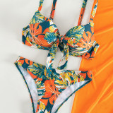 3pcs Tropical Print Push Up Bikini Swimsuit With Beach Skirt