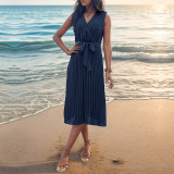 Summer V Neck Sleeveless Solid Color Beach Dress