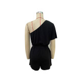 Casual One Shoulder Solid Color Short Rompers