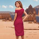 Women's One Shoulder Sleeveless Formal Ruched Cocktail Sexy Midi Dress with Belt