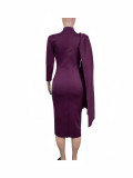 Women Casual Solid Pleated Pile Neck Nine-quarter Sleeve Dress