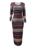 Casual Pit Striped Print Round Neck Long Dress