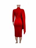 Women Casual Solid Pleated Pile Neck Nine-quarter Sleeve Dress