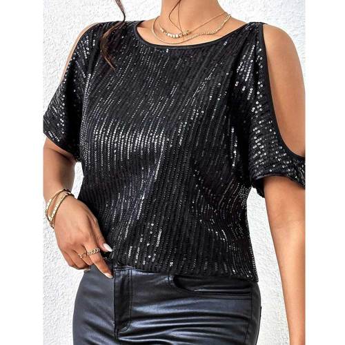 (End Of February) Cold Shoulder Sequin Decor Tee