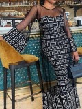 Elegant Black Style Printed Mesh Splicing Two-piece Dress