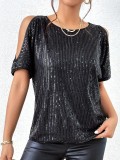(End Of February) Cold Shoulder Sequin Decor Tee