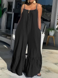(End Of February) Solid Color Straps Long Simple Ruffles Patchwork Loose Jumpsuit