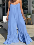(End Of February) Solid Color Straps Long Simple Ruffles Patchwork Loose Jumpsuit