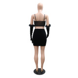 (Available Early March) Hot Diamond Straps Cropped Top A-line Short Skirt with Gloves