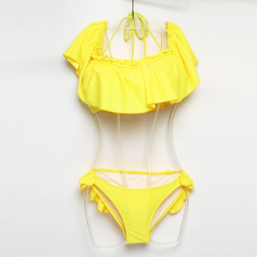 Solid Off Shoulder Ruffled Bikini Push-up Underwire Swimsuit