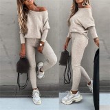 Solid Color Pullover Sloping Shoulders Sports Drawstring Joggers Set