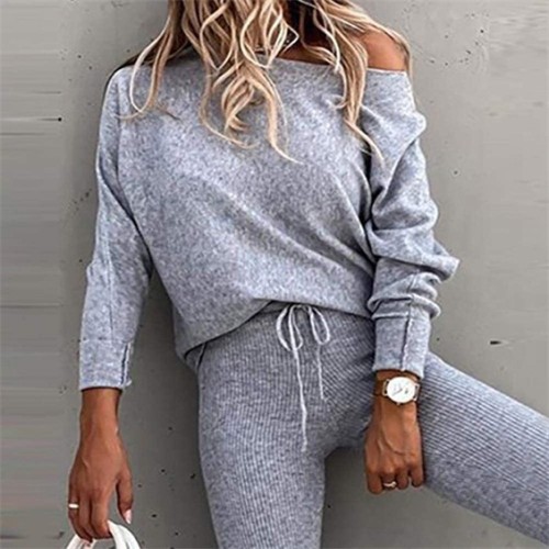Solid Color Pullover Sloping Shoulders Sports Drawstring Joggers Set