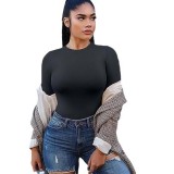 Solid Color Women Blouse Casual Round Neck Long Sleeve Tee