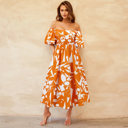 Sexy Off Shoulder Bubble Sleeve Print Fashion Pleated Mid Dress