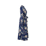 1pc Floral Print Lantern Sleeve Ruffle Hem Belted Dress