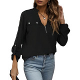 Women's Front Zip V Neck Long Sleeve Loose Casual Top Womens Long Button up Shirts