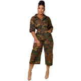 Casual Camo Jumpsuit Wide Leg Lapel Cargo Pants Overalls with Pockets