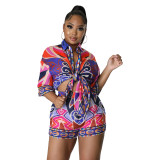 Stylish New Women Colorful Print Short Sleeves Casual Short Shirt Outfits 2pcs