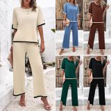 Women's casual color-blocked short-sleeved trousers knitted two-piece set