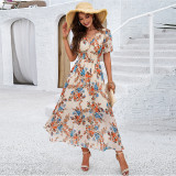 Women Boho Flowy V-Neck Short Sleeve Empire Waist Summer Floral Long Dress