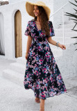 Women Boho Flowy V-Neck Short Sleeve Empire Waist Summer Floral Long Dress