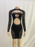 Long Sleeve Shrug Cut Out Rhinestone Decor Bodycon Party Mini Dresses Matching Set