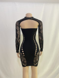 Long Sleeve Shrug Cut Out Rhinestone Decor Bodycon Party Mini Dresses Matching Set