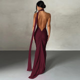 Sexy One Shoulder Backless Dress Halter Bodycon Ruched Open Back Maxi Dress
