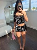 Sexy Lace Patchwork Printed Straps Skirt Set