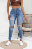 Women's Autumn Elastic High Waist Washed Ripped Tight Denim Pants